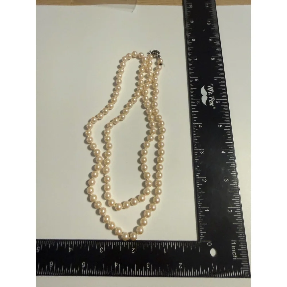 Cream Faux Pearl Strand Necklace Silver Tone Filigree Box Clasp 17 Inch
